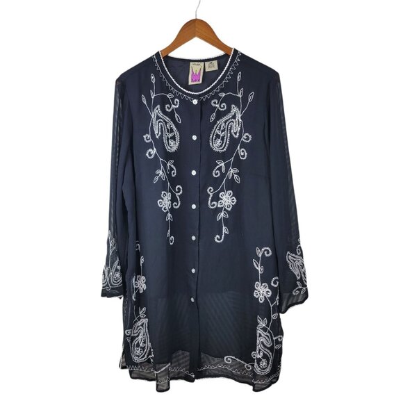 Anthony Tunic Top Plus 1X Lightweight Button Up Black Semi-sheer Embroidered - Picture 2 of 7